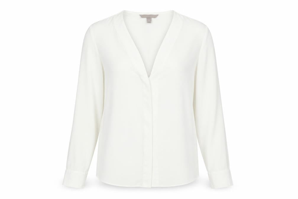 H&M Womens White Polyester Basic Button-Up Size 6 V-Neck
