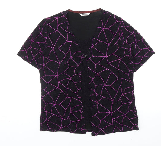 Berkertex Womens Black Geometric Nylon Basic T-Shirt Size 16 V-Neck