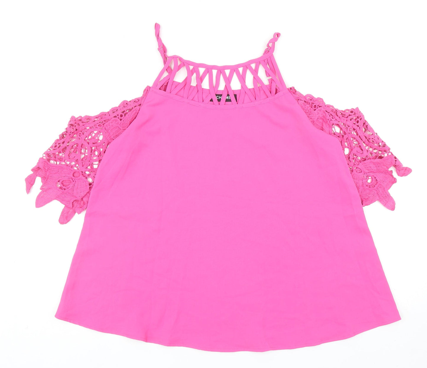 Chicme Womens Pink Cotton Basic Blouse Size M Scoop Neck - Crochet Sleeve Detail Cold Shoulder