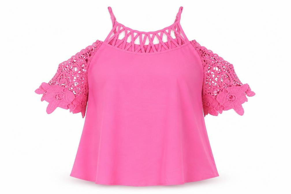Chicme Womens Pink Cotton Basic Blouse Size M Scoop Neck - Crochet Sleeve Detail Cold Shoulder