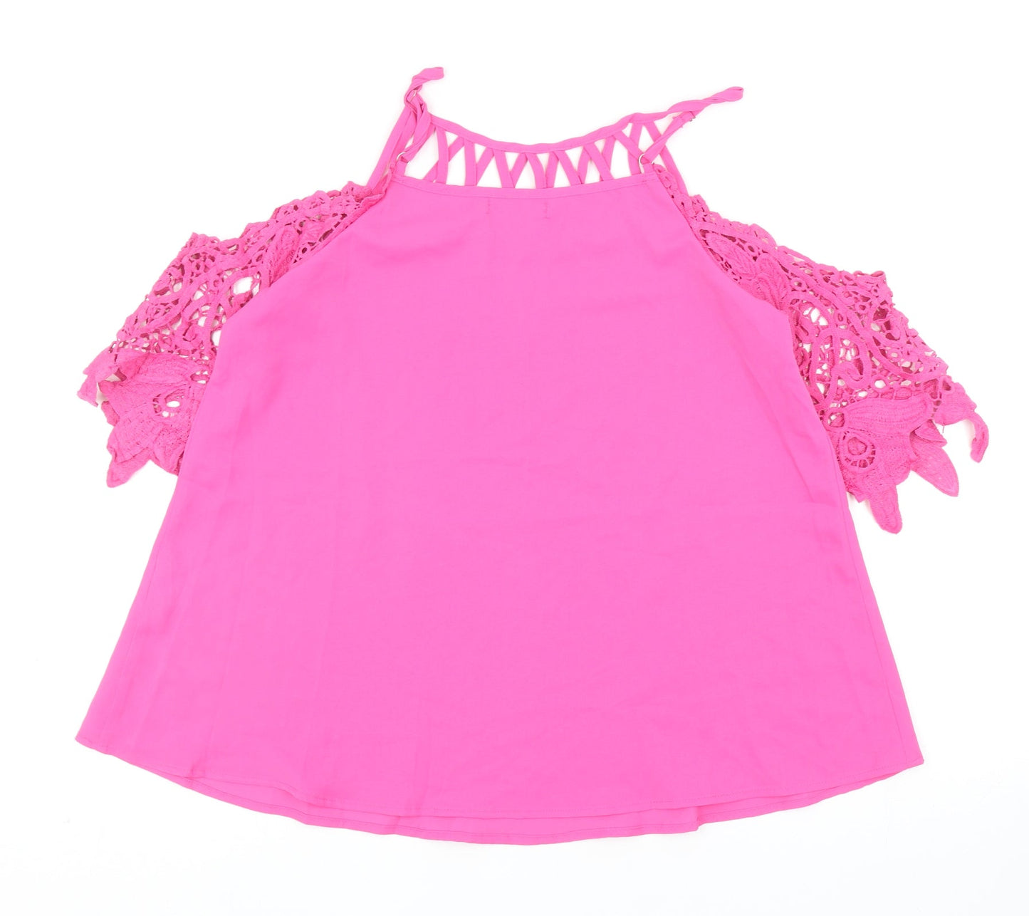 Chicme Womens Pink Cotton Basic Blouse Size M Scoop Neck - Crochet Sleeve Detail Cold Shoulder