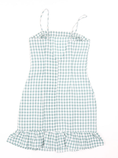 Missguided Womens Blue Check Polyester Bodycon Size 6 Square Neck Zip