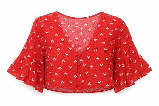 Miss Selfridge Womens Red Geometric Viscose Cropped Button-Up Size 6 V-Neck