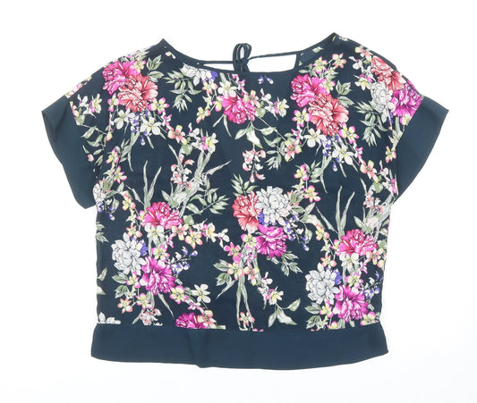 Marks and Spencer Womens Blue Floral Polyester Basic Blouse Size 10 Round Neck