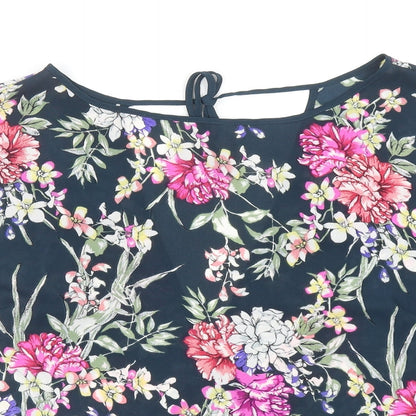Marks & Spencer Womens Blue Floral Polyester Basic Blouse Size 10 Round Neck