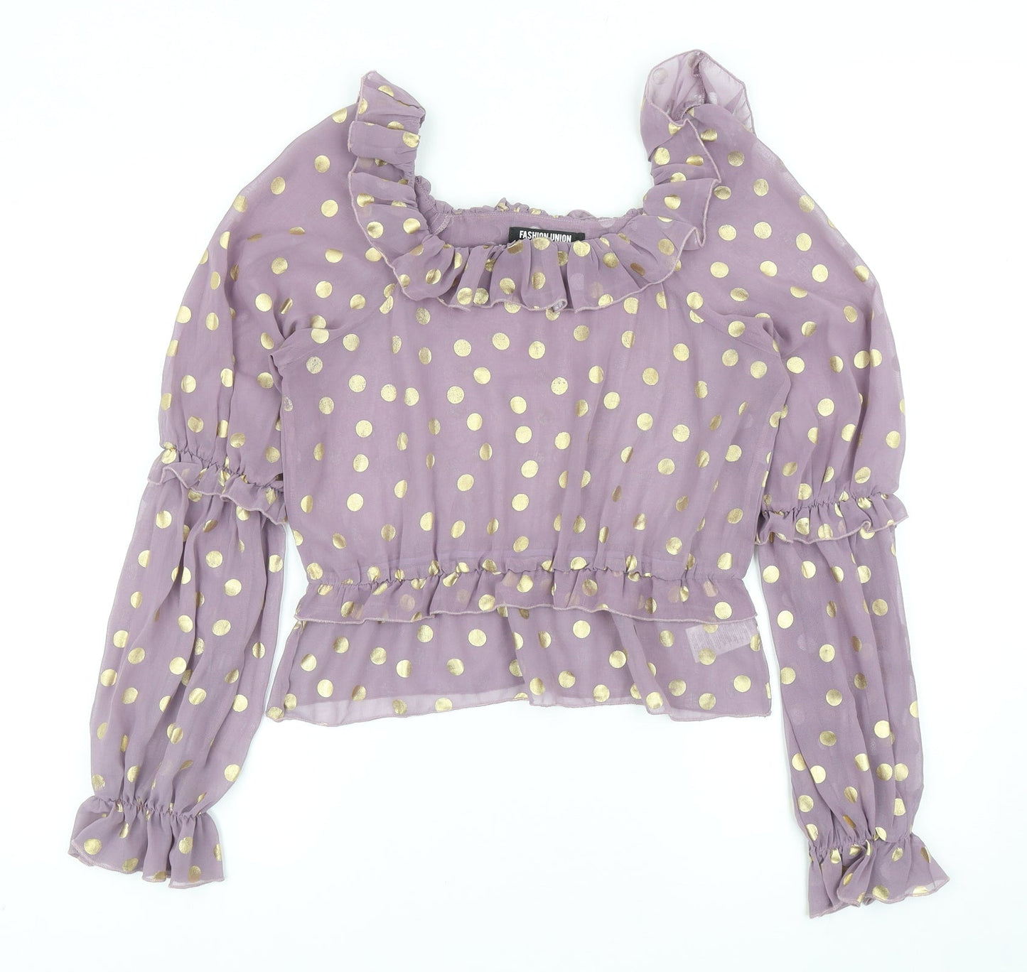 Fashion Union Womens Purple Polka Dot Polyester Basic Blouse Size 12 Round Neck