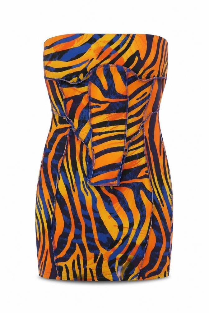 PRETTYLITTLETHING Womens Orange Animal Print Polyester Bodycon Size 6 Off the Shoulder Pullover - Zebra print