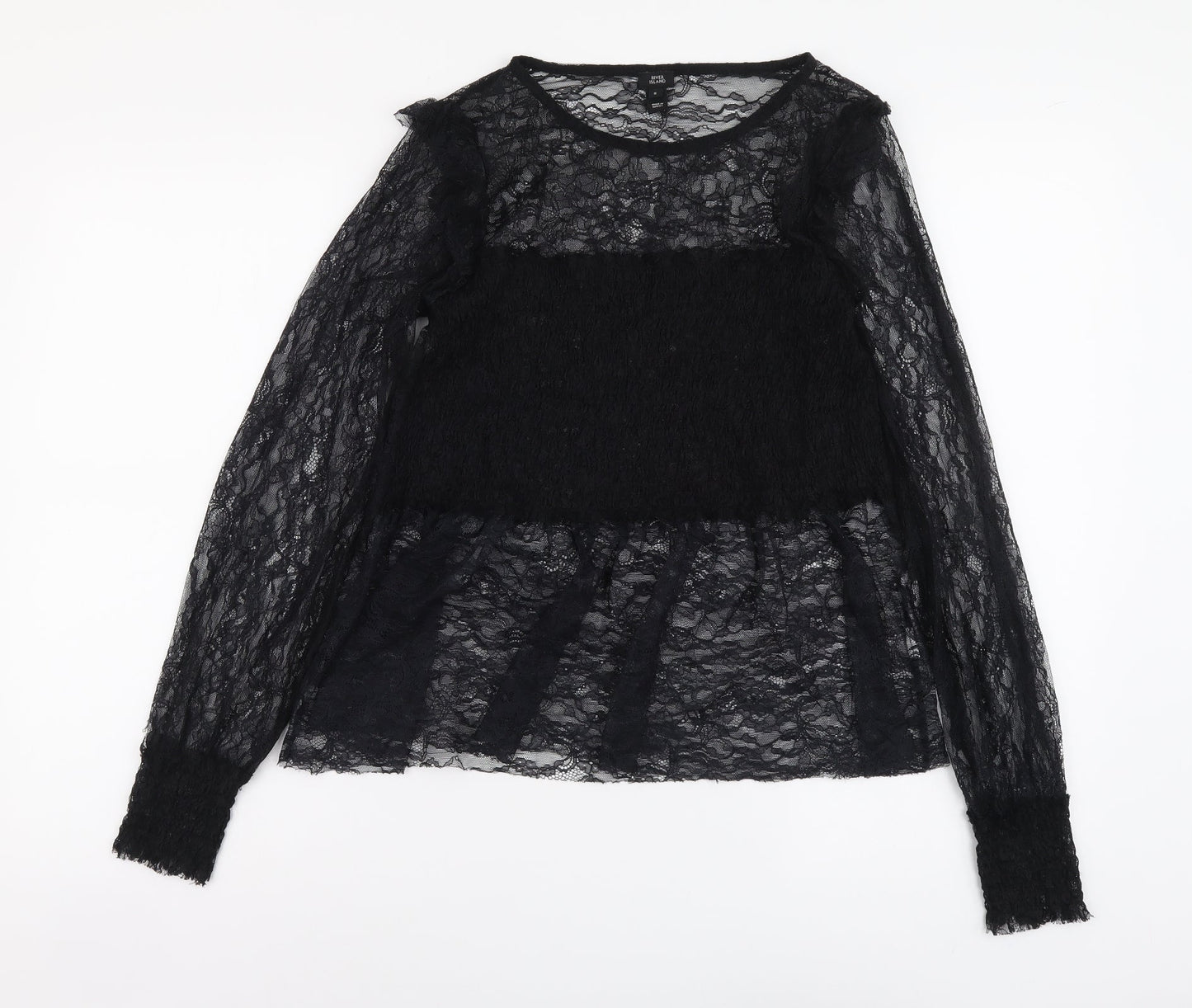 River Island Womens Black Polyester Basic T-Shirt Size 8 Round Neck - Lace Detail
