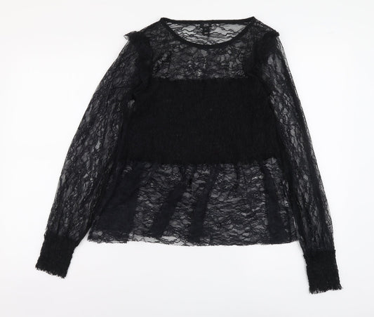 River Island Womens Black Polyester Basic T-Shirt Size 8 Round Neck - Lace Detail