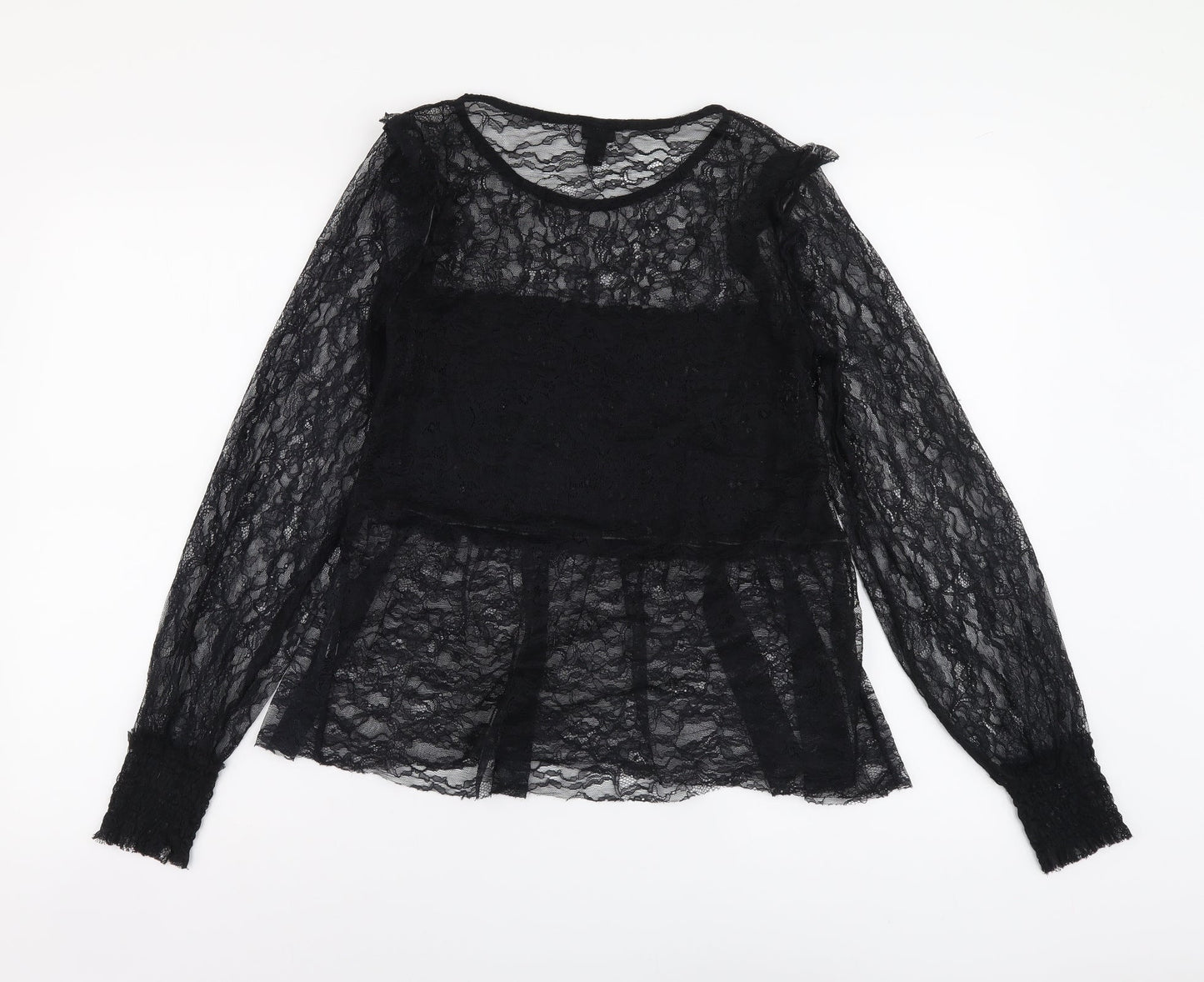 River Island Womens Black Polyester Basic T-Shirt Size 8 Round Neck - Lace Detail