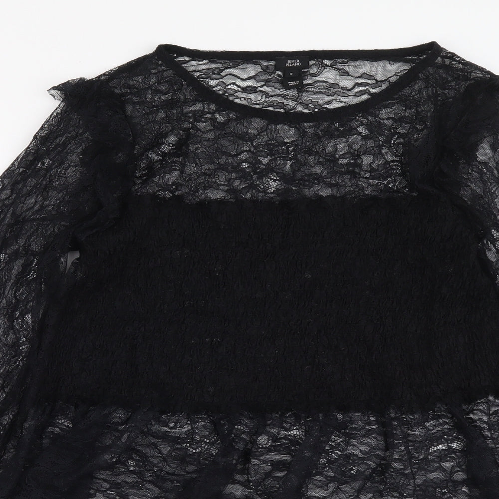 River Island Womens Black Polyester Basic T-Shirt Size 8 Round Neck - Lace Detail