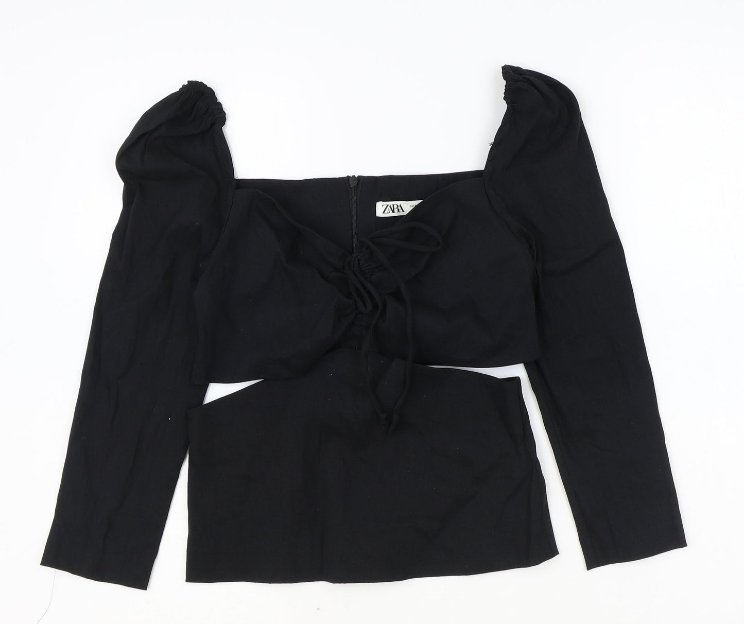 Zara Womens Black Linen Cropped Blouse Size S V-Neck - Cut Out Side Detail