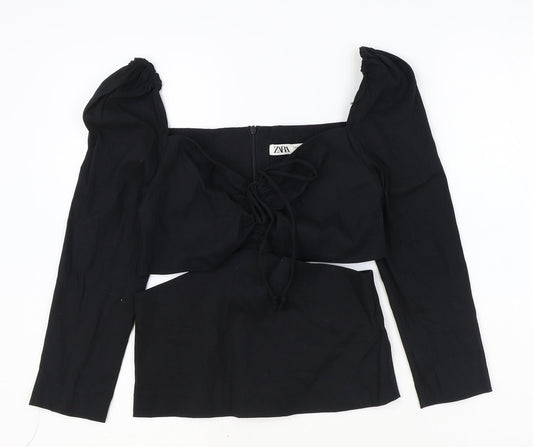 Zara Womens Black Linen Cropped Blouse Size S V-Neck - Cut Out Side Detail