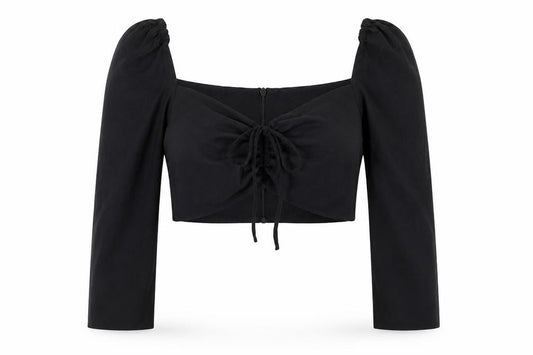 Zara Womens Black Linen Cropped Blouse Size S V-Neck - Cut Out Side Detail