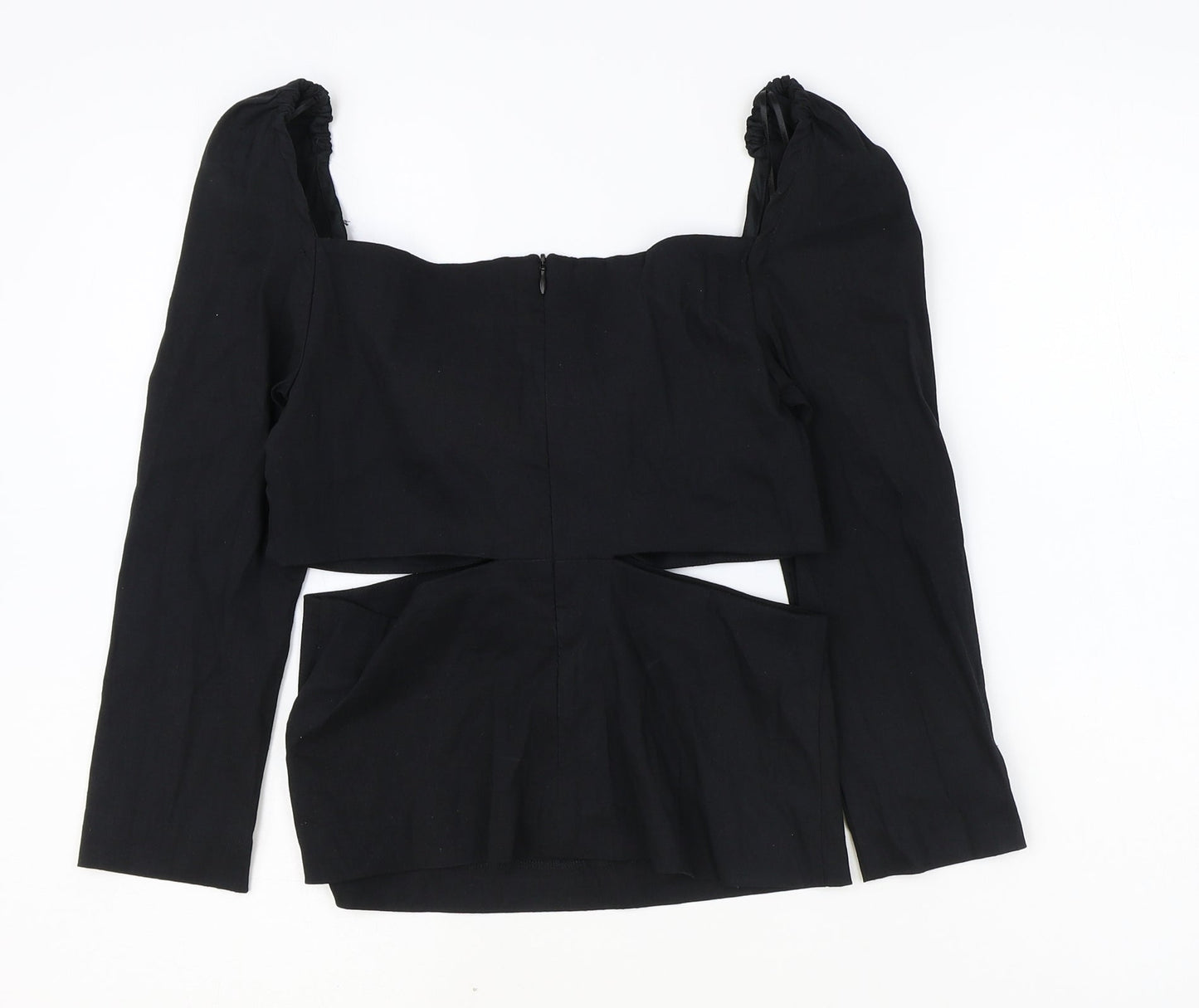 Zara Womens Black Linen Cropped Blouse Size S V-Neck - Cut Out Side Detail