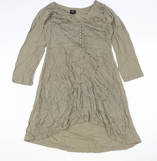 SJ collection Womens Brown Polyester A-Line Size S V-Neck