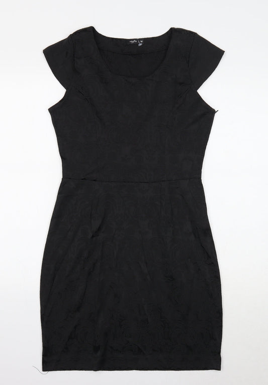 Preworn Womens Black Cotton Pencil Dress Size M Round Neck Zip - Cap Sleeve