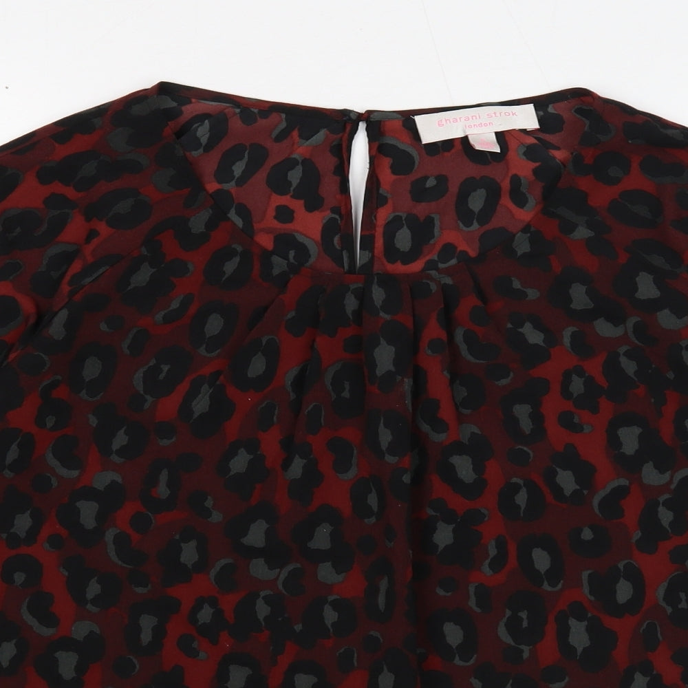 Gharani Strok Womens Red Animal Print Polyester Basic Blouse Size S Round Neck - Leopard Print