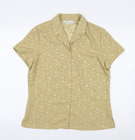 Design Essentials Womens Gold Floral Polyester Basic Button-Up Size 12 Collared
