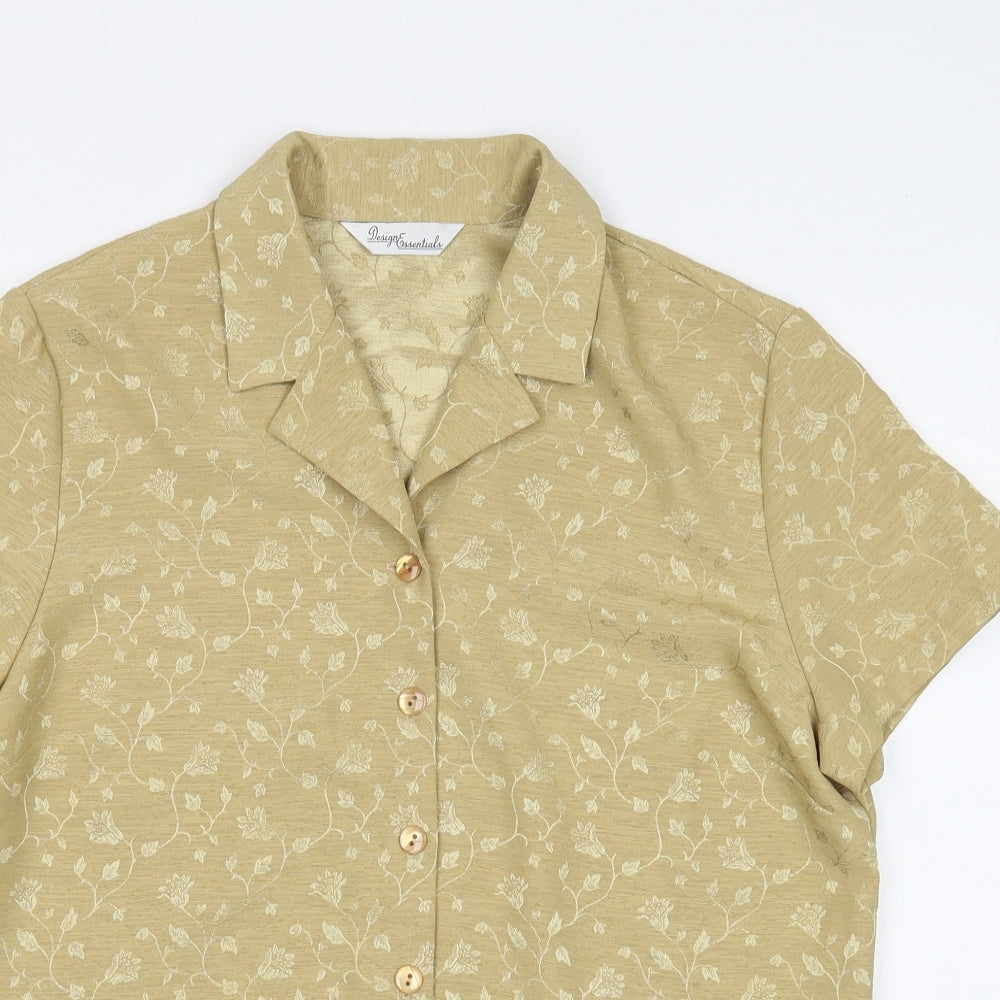 Design Essentials Womens Gold Floral Polyester Basic Button-Up Size 12 Collared