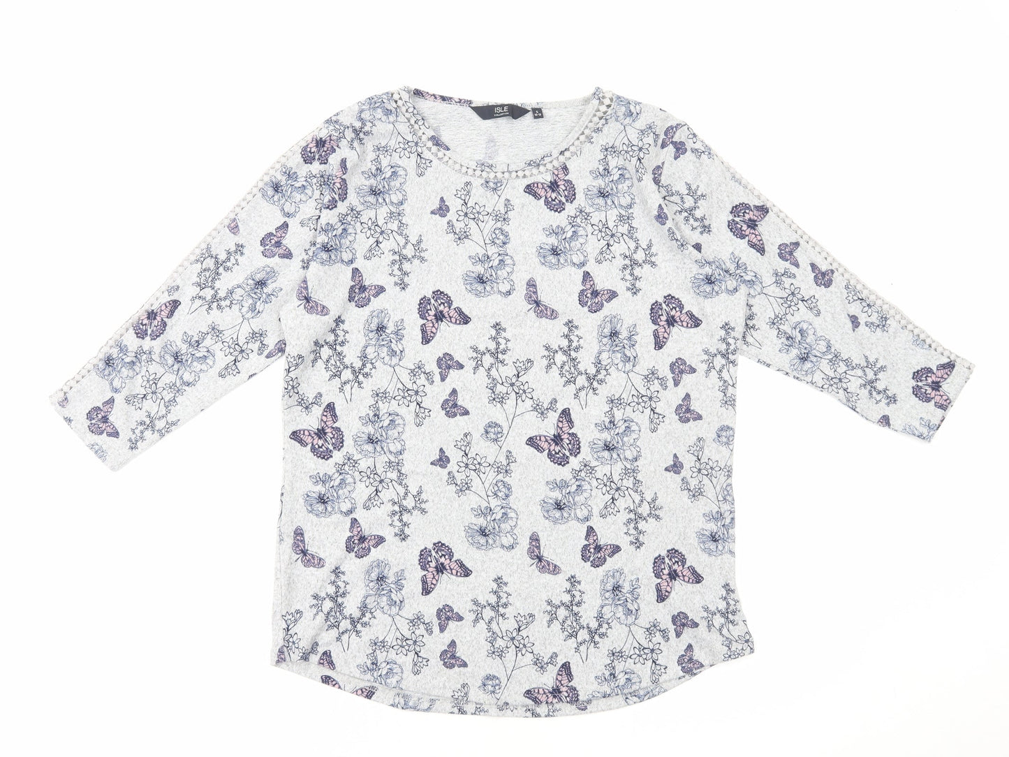 Isle Collection Womens Grey Geometric Polyester Basic T-Shirt Size S Round Neck - Butterfly Print