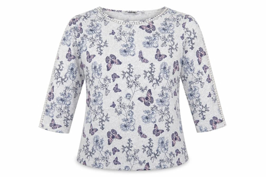 Isle Collection Womens Grey Geometric Polyester Basic T-Shirt Size S Round Neck - Butterfly Print