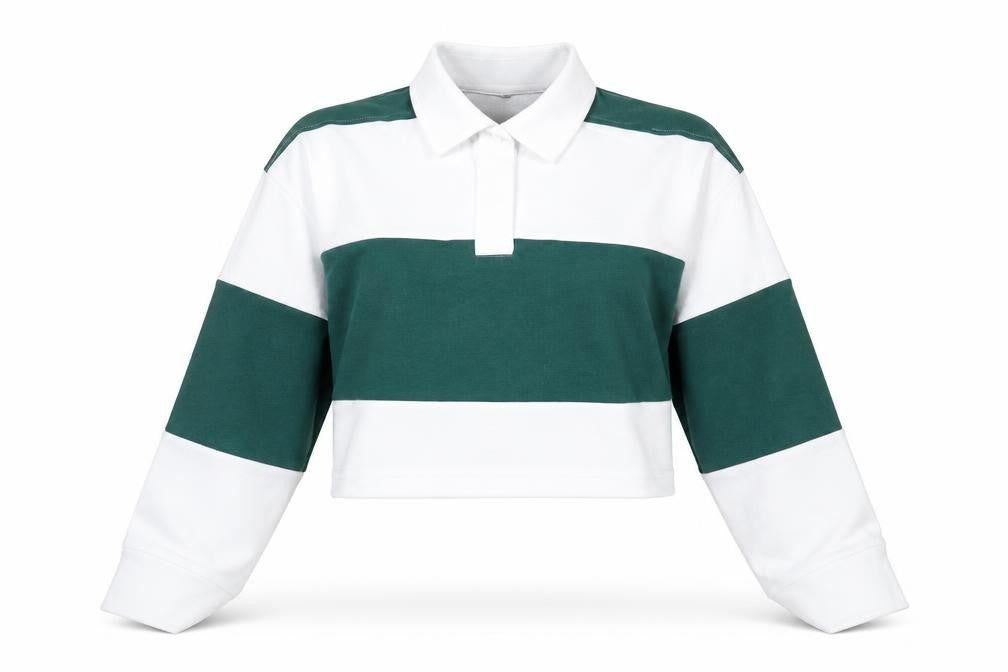H&M Womens Green Striped Cotton Cropped Polo Size M Collared