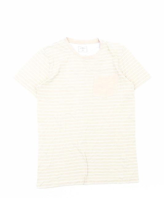 PEP&CO Womens Beige Striped Cotton Basic T-Shirt Size XS Round Neck