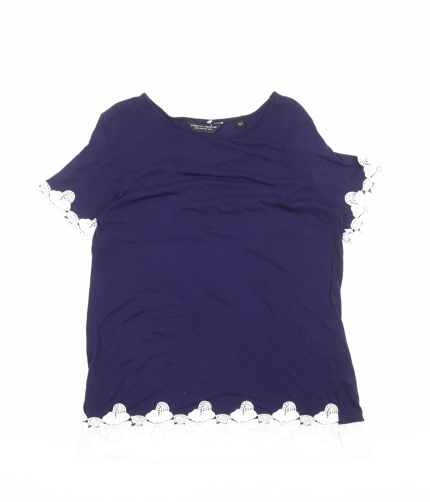 Dorothy Perkins Womens Blue Viscose Basic T-Shirt Size 12 Boat Neck - Crochet Trim