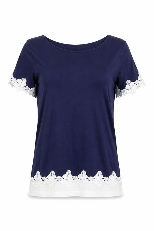 Dorothy Perkins Womens Blue Viscose Basic T-Shirt Size 12 Boat Neck - Crochet Trim