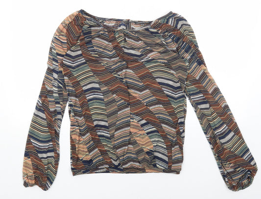 Warehouse Womens Brown Geometric Polyester Basic Blouse Size 8 Boat Neck
