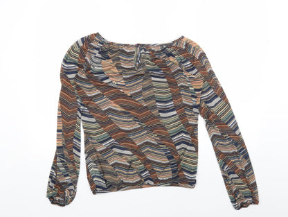 Warehouse Womens Brown Geometric Polyester Basic Blouse Size 8 Boat Neck
