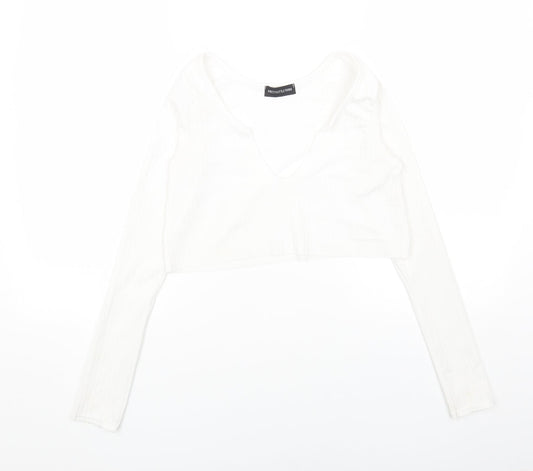 PRETTYLITTLETHING Womens White Polyester Cropped Blouse Size 8 V-Neck - Ribbed