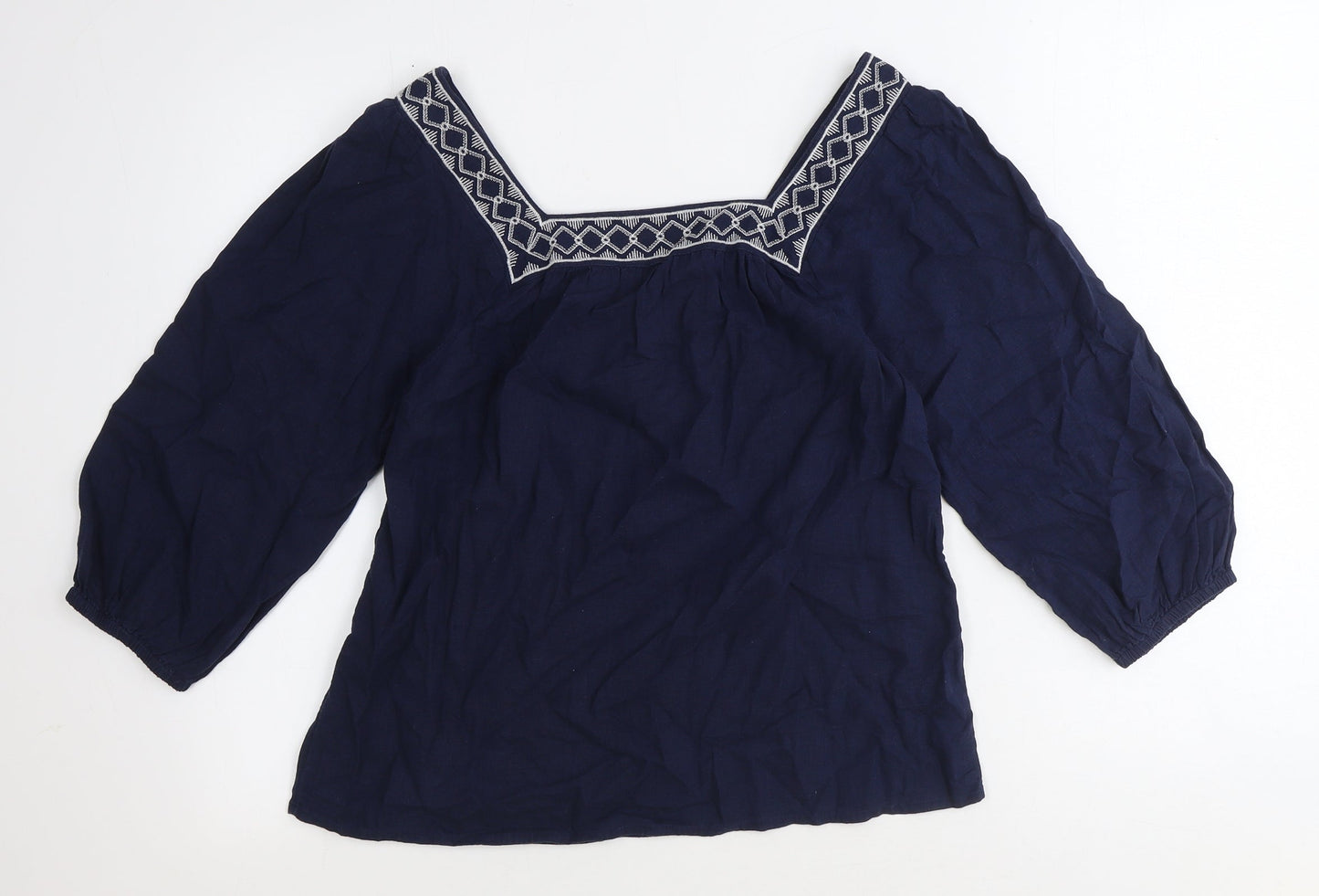 Marks and Spencer Womens Blue Geometric Flax Basic T-Shirt Size 6 Square Neck