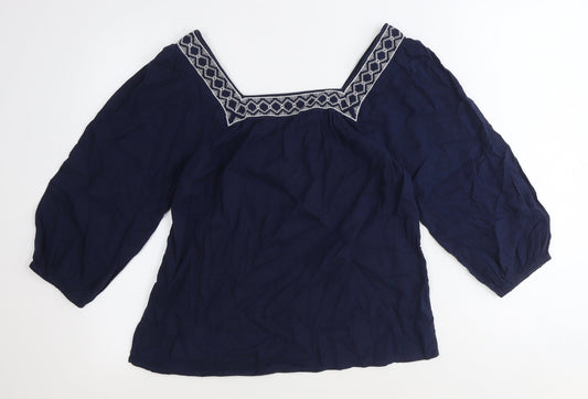 Marks and Spencer Womens Blue Geometric Flax Basic T-Shirt Size 6 Square Neck