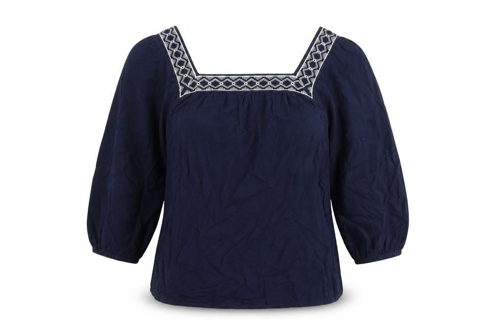 Marks & Spencer Womens Blue Geometric Flax Basic T-Shirt Size 6 Square Neck