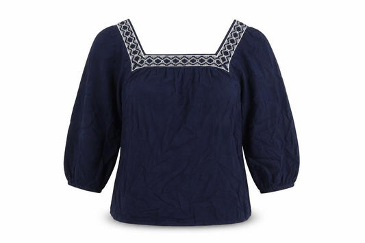 Marks and Spencer Womens Blue Geometric Flax Basic T-Shirt Size 6 Square Neck