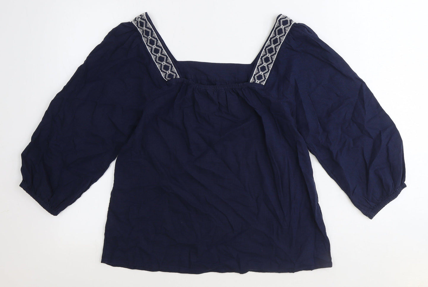 Marks and Spencer Womens Blue Geometric Flax Basic T-Shirt Size 6 Square Neck