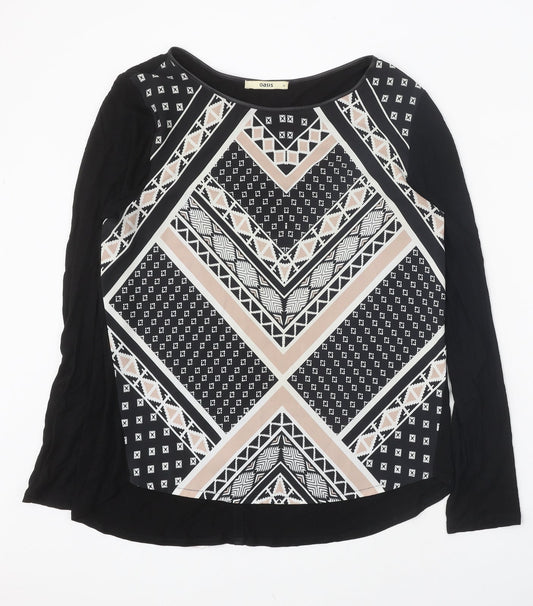 Oasis Womens Black Geometric Viscose Basic T-Shirt Size M Round Neck
