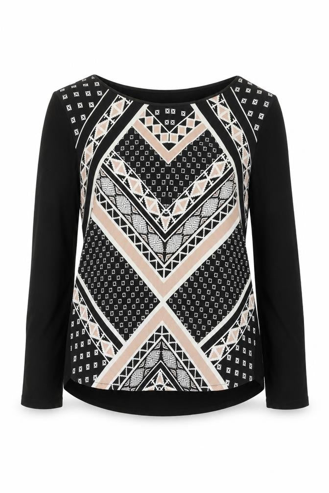 Oasis Womens Black Geometric Viscose Basic T-Shirt Size M Round Neck