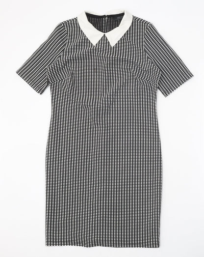Papaya Womens Black Geometric Polyester Sheath Size 8 Collared Button