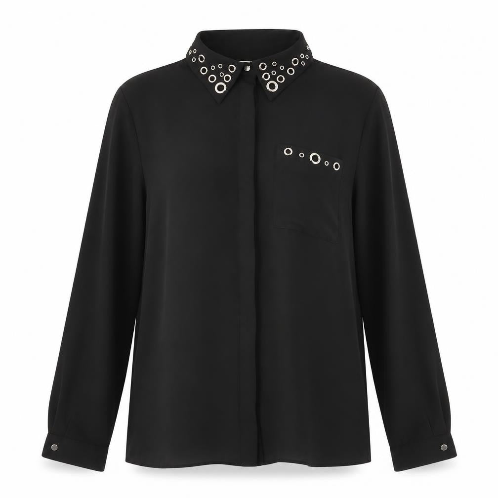 TU Womens Black Polyester Basic Button-Up Size 8 V-Neck