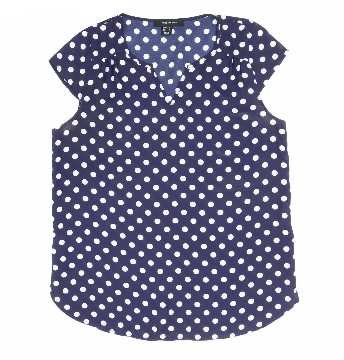Atmosphere Womens Blue Polka Dot Polyester Basic Blouse Size 12 V-Neck