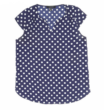Atmosphere Womens Blue Polka Dot Polyester Basic Blouse Size 12 V-Neck