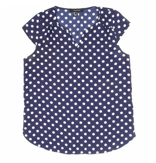 Atmosphere Womens Blue Polka Dot Polyester Basic Blouse Size 12 V-Neck