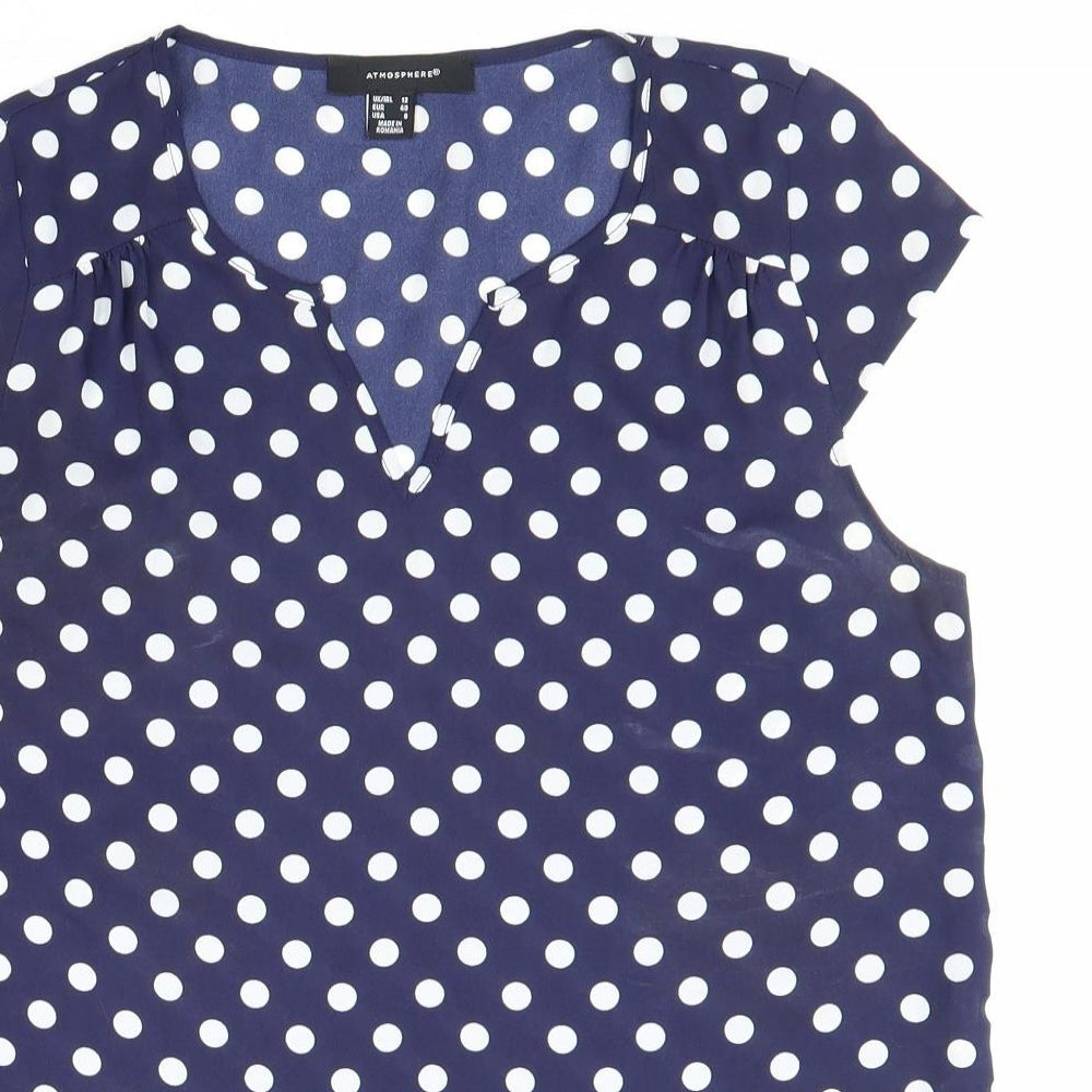 Atmosphere Womens Blue Polka Dot Polyester Basic Blouse Size 12 V-Neck