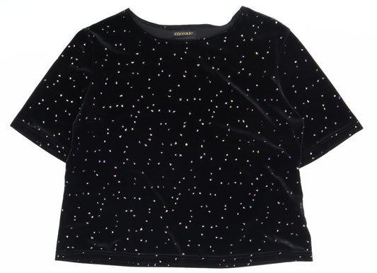 Mosaic Womens Black Geometric Polyester Basic T-Shirt Size L Boat Neck - Box Fit
