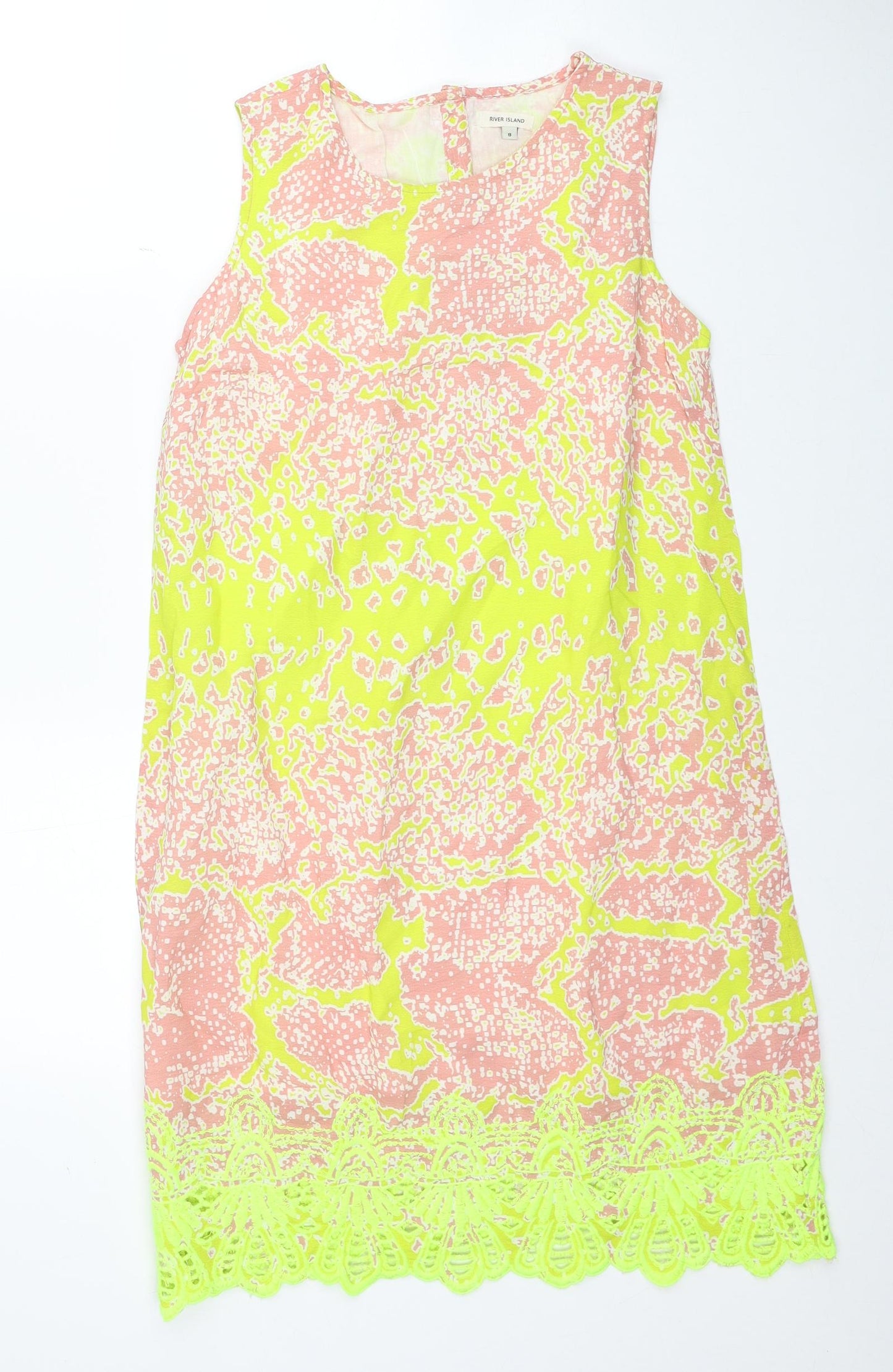 River Island Womens Multicoloured Geometric Viscose Tank Dress Size 8 Boat Neck Button - Lace Trim