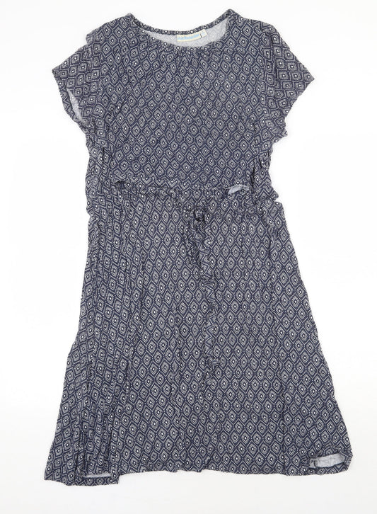 JoJo Maman Bébé Womens Blue Geometric Viscose Fit & Flare Size M Boat Neck Tie