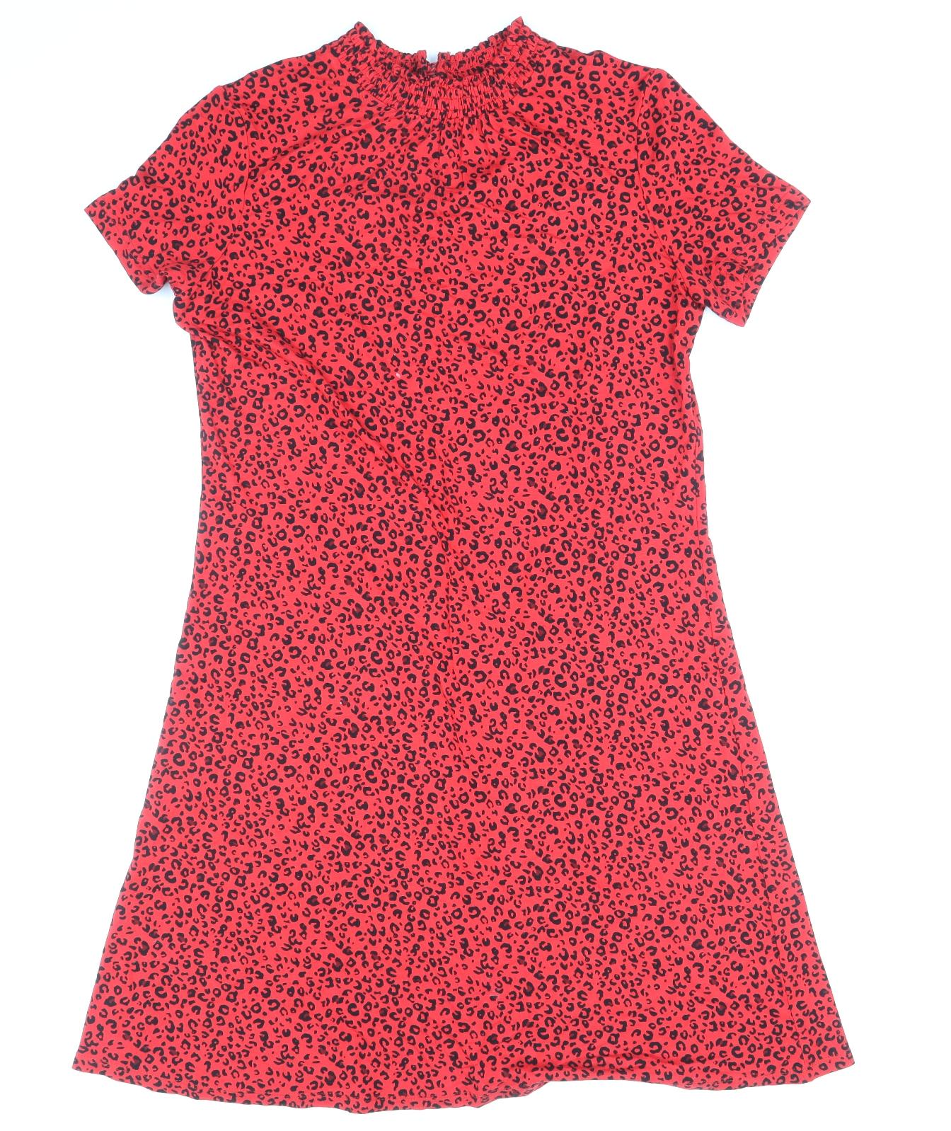 Marks and Spencer Womens Red Animal Print Viscose Shift Size 10 Round Neck Button - Leopard Print